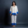 Women's Two Piece Set Made of Handwoven Cotton - White Blue Oversized Top and Wide Leg Trousers, Shirt Style, Loose Fit Casual Outfit