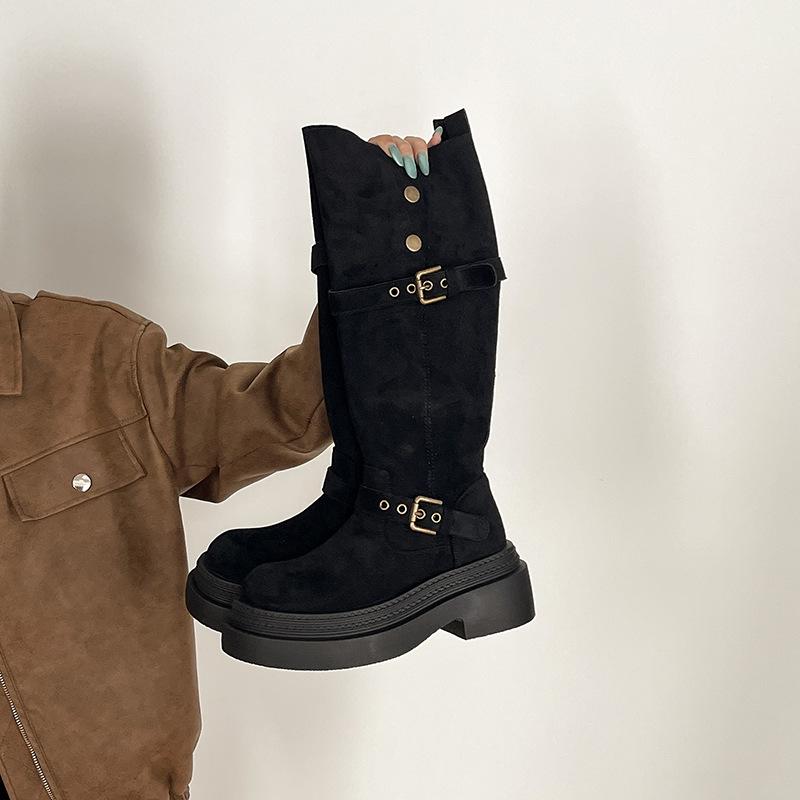 Retro buckle two wear folded thick-soled boots children's autumn and winter design sense fashion suede thick heel knight boots