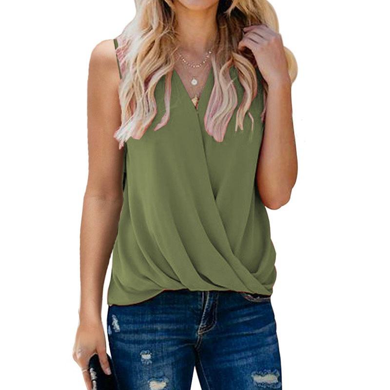 Fashion Clothes Women's Casual Summer Tops Sleeveless Shirts Beach Wear Camisole Vest Solid Color Pleated Shirts Ladies Deep V-neck Club Tops