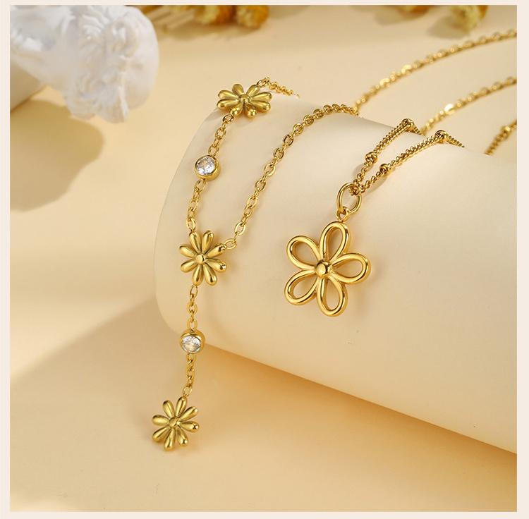 Stainless Steel Flower Necklace, Gold Plated Link Women Pendant Flower Charms Jewelry