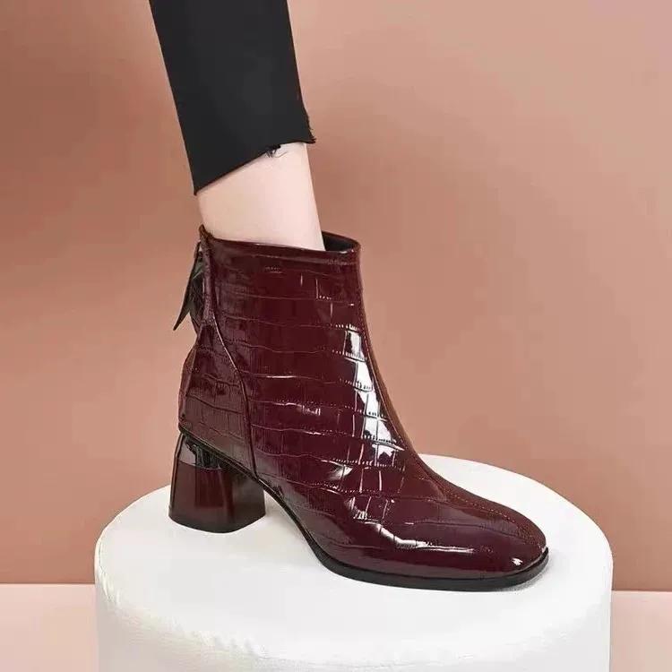 Damenstiefel Damen niedlich runde Spitze hohe Qualität weinrot Reißverschluss hinten hoher Absatz Herbststiefel Dame cool schwarze Schuhe ab715