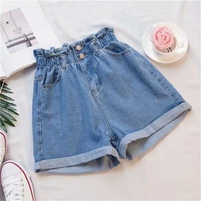 Ruffles Denim Shorts Elastic Waist Korean Fashion Wide Leg A-line Pants High Waisted Shorts Jean Panst For Women