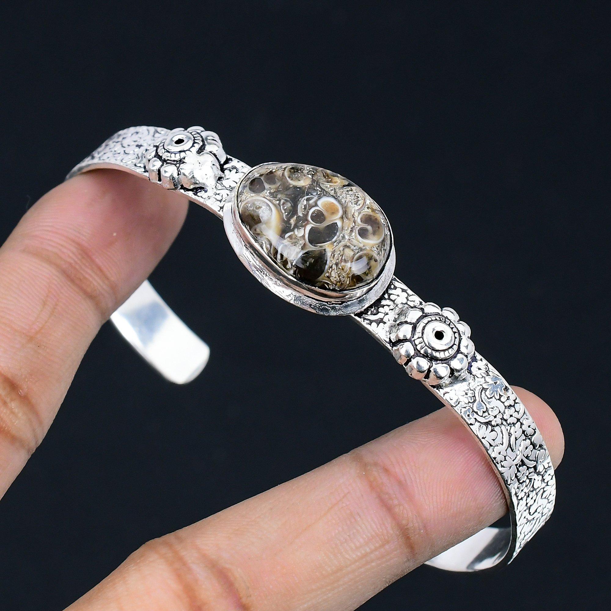 

Natural Turritella Agate Gemstone Bangle Adjustable 925 Sterling Silver Jewelry Adjustable