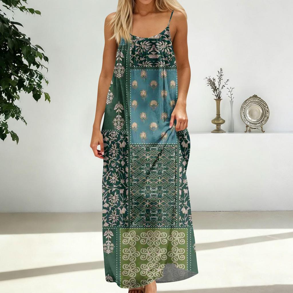 Damenmode Rückenfreies Spaghettiträger Lässiges Lockeres Vintage-Print-Kleid