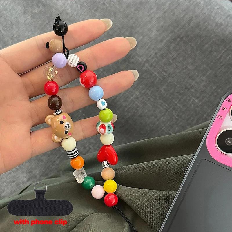 Jewelry Strap Cute Bear Colored Beaded Phone Writ Strap Charm Chain Keycord Stylish Heart For All Phone Case Car Key Camera Bag