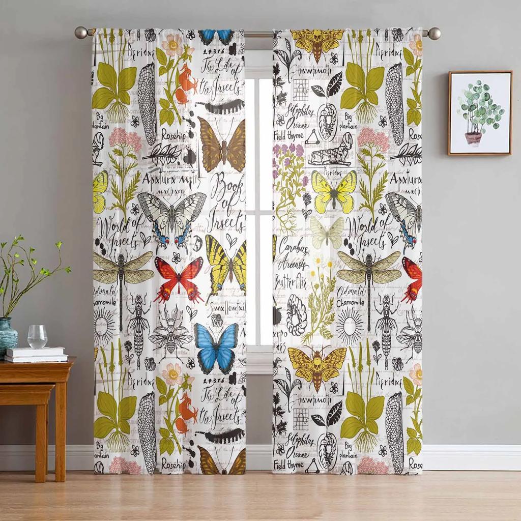 Flower Butterfly Blue Sheer Drapes Living Room Window Curtains For Bedroom Kitchen Home Decoration Curtain Panels