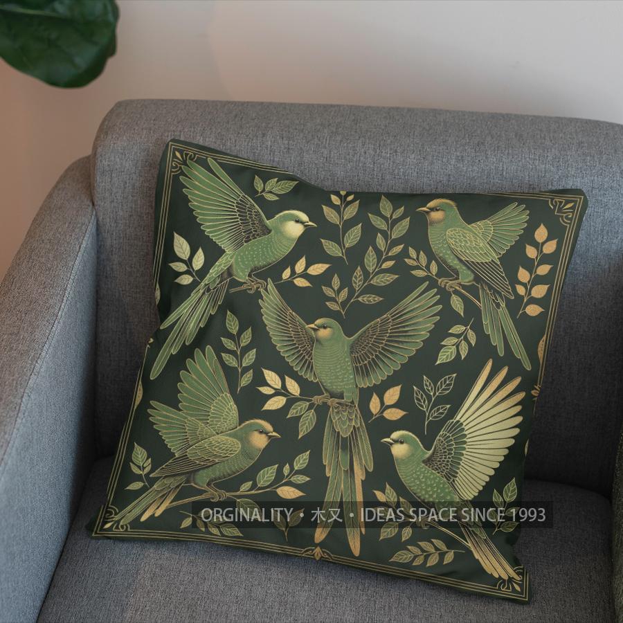 2D Enchanted Green Birds And Leaves Cushion Cover Pattern Cushion Cover Suitable For Sofa Bedroom Car Pillow Cover