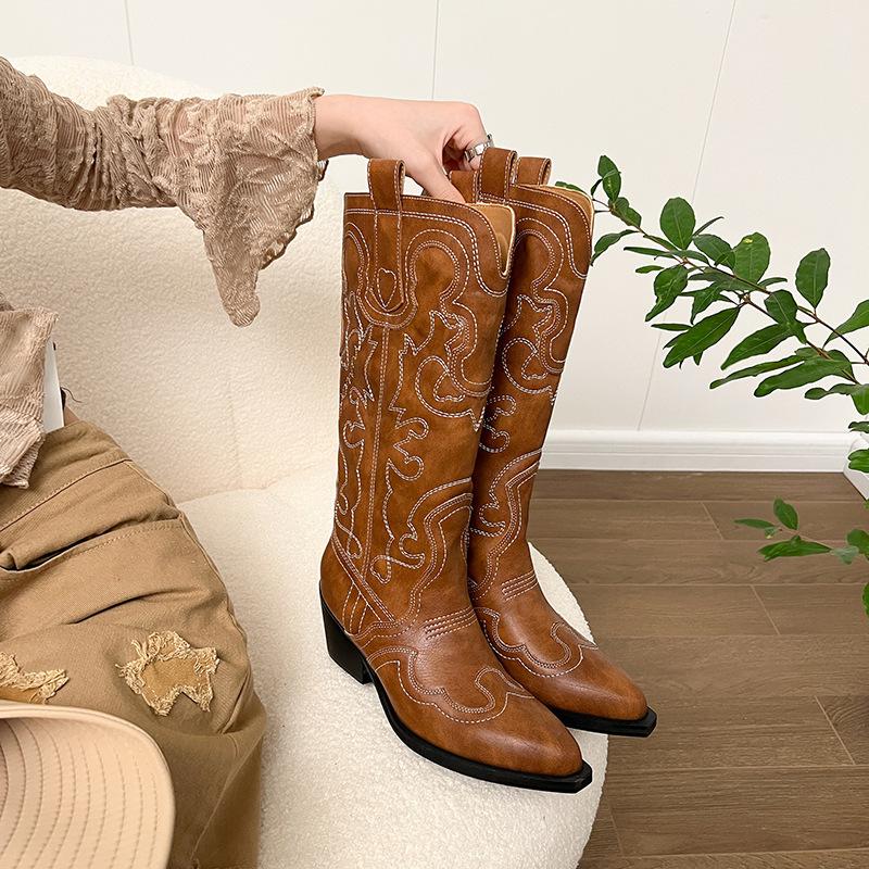 2025 Retro Pointed Women's Boots Thick Heel Sleeve Knight Boots Embroidered High Boots Western Cowboy Boots Trend Explosion