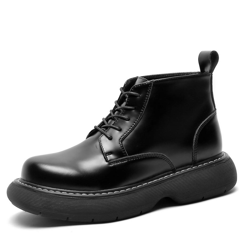 Men's British Style Black Leather Boots - Height Increasing Design, Durable & Stylish for Autumn, Winter & Casual Outfits