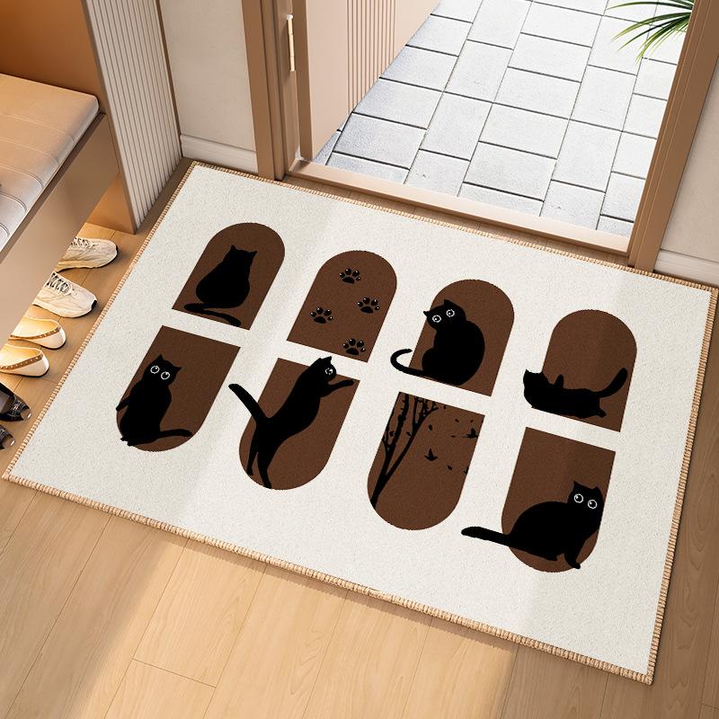 Cartoon Black Cat Pattern Carpet Minimalist Design Rug Non-Slip Door Mat with Paw Prints for Entryway Home Decoration Floor Mat