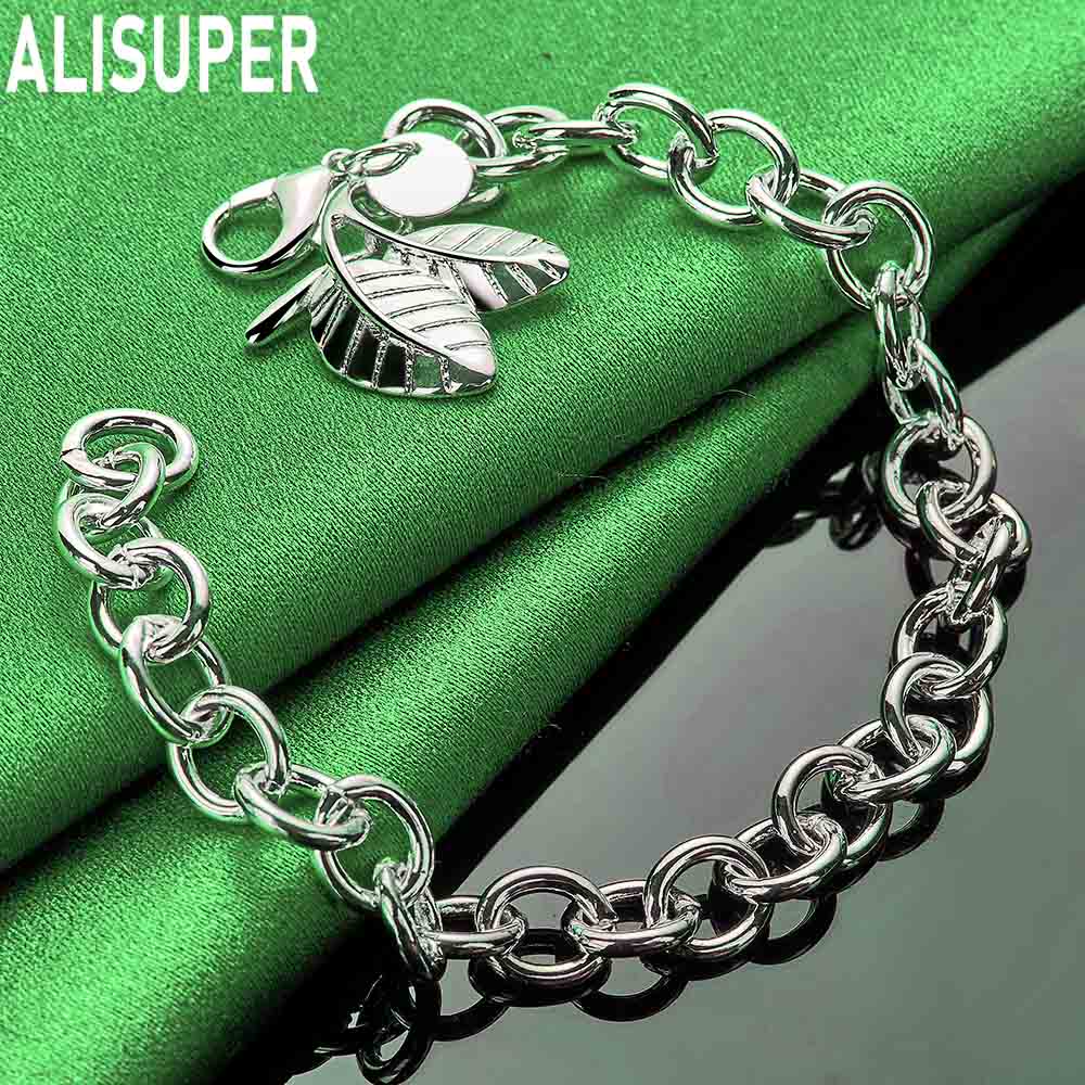 925 Sterling Silver Charming Side Chain Double Leaf Bracelet Gift Jewelry