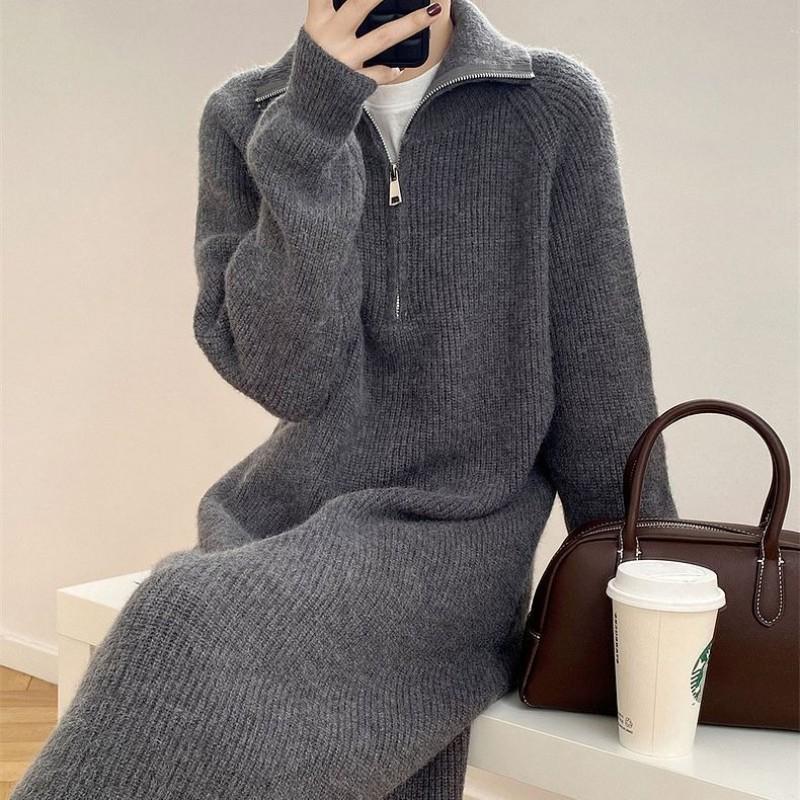 Womens Oversized Knit Midi Dress With Lapel Collar Long Sleeve Wool Blend A-Line Skirt Winter Layering