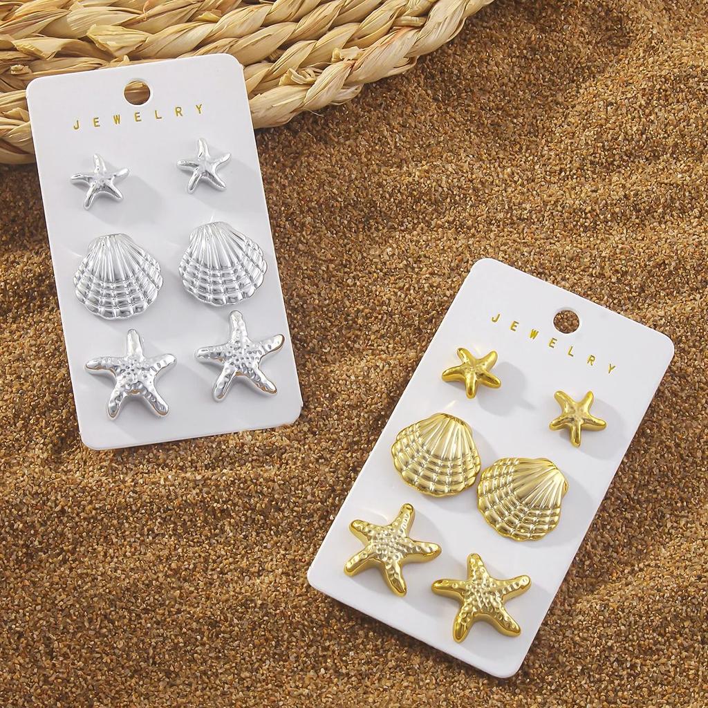 6Pcs Exquisite Starfish Shell Stud Earrings Fashionable CCB Earring Set Women's Summer Beach Party Jewelry Gifts