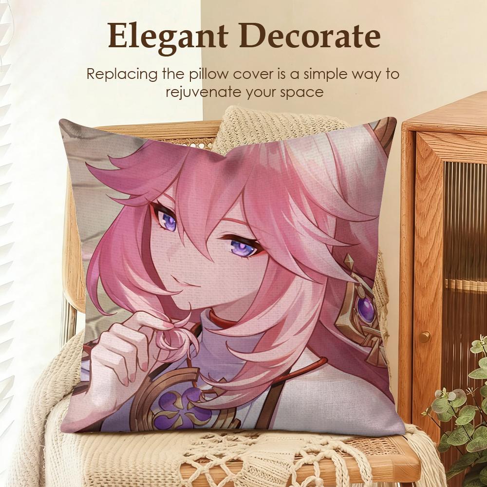 Yae Miko Genshin Impact Cushion Cover Natural Linen Organic Fabric DoubleSided Printing Sofa Home Decor Gift Pillow Case