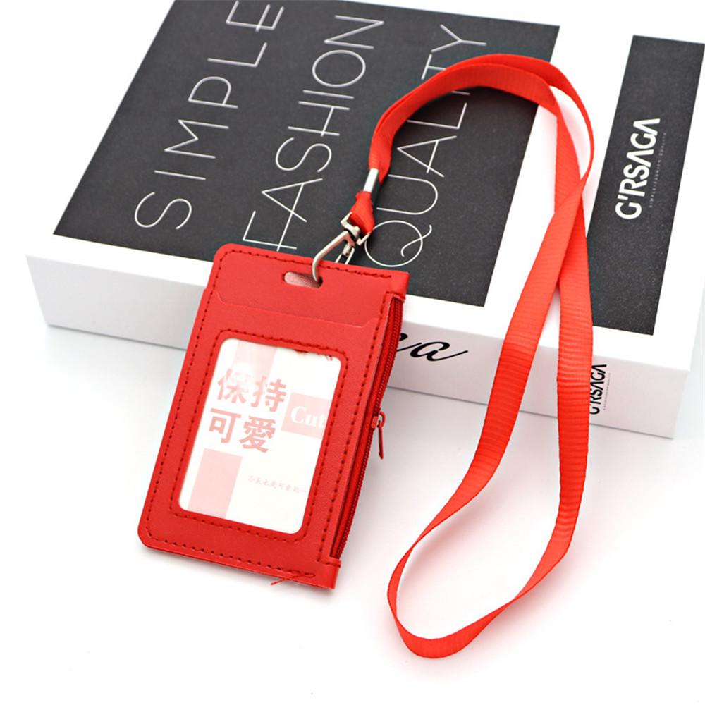 Simple Student Kids Lanyard Card Holder Slim Wallet Boys Pu Id Certificate Bus Door Credit Card Bag for Girls Zipper Coin Purses