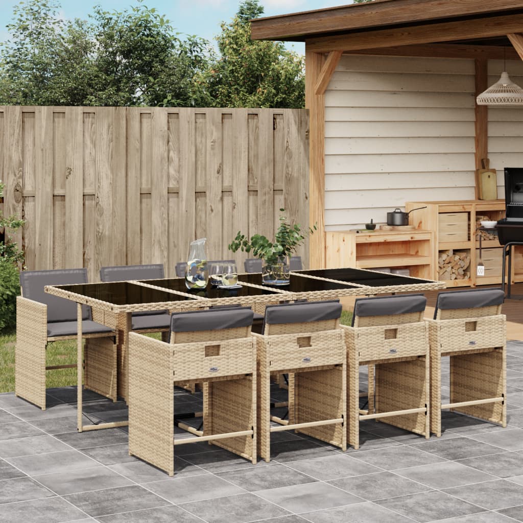 9 Piece Garden Dining Set with Cushions Beige Mix Poly Rattan