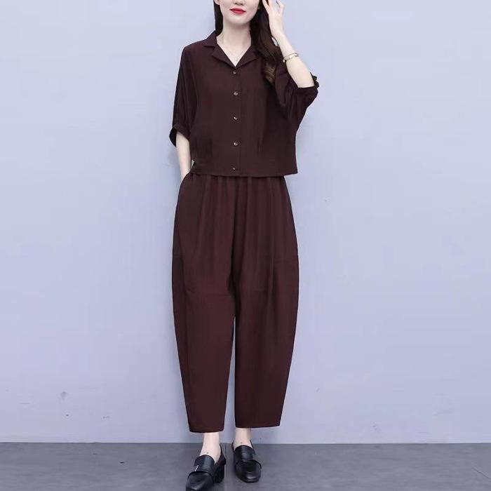 

Plus Size Women s Fashionable Two-Piece Harem Pants Set - Age-Reducing, Slimming, Versatile, and Stylish Mother s Wear Large кавовий
