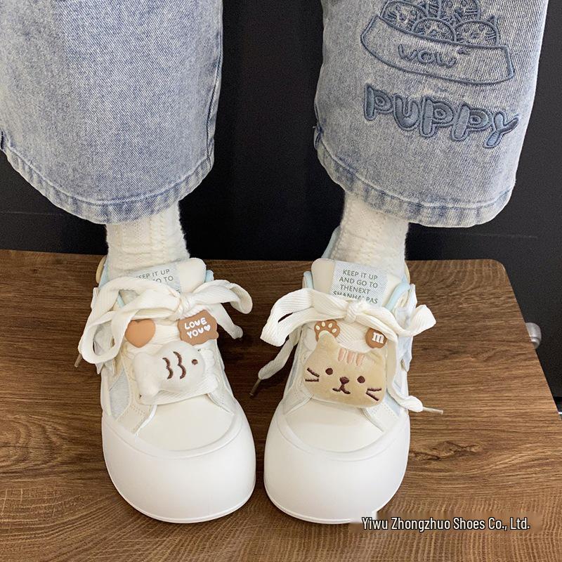Niche Cute Big Head White Skate Shoes for Women - 2025 Autumn Breathable Thick Sole Casual Sneakers