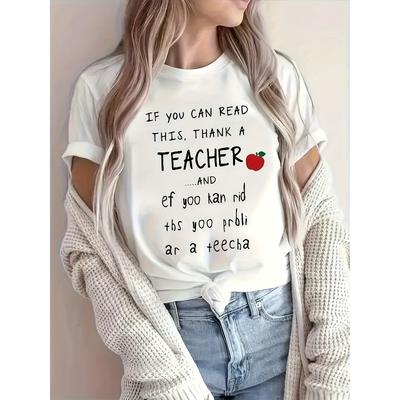 Damen Casual Kurzarm Rundhals T-Shirt Alphabet Print Polyester Strick Top