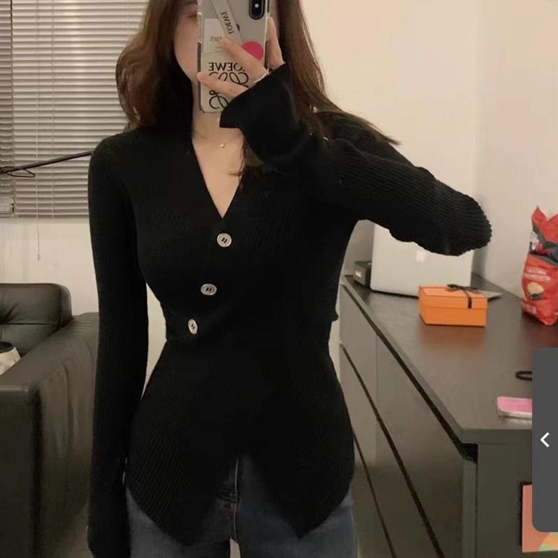 Irregular Design Sense of Women's Long-sleeved Pullover Sweater, Autumn and Winter High-end Sense of Slim Slimming V-neck Sweater Top 2424#