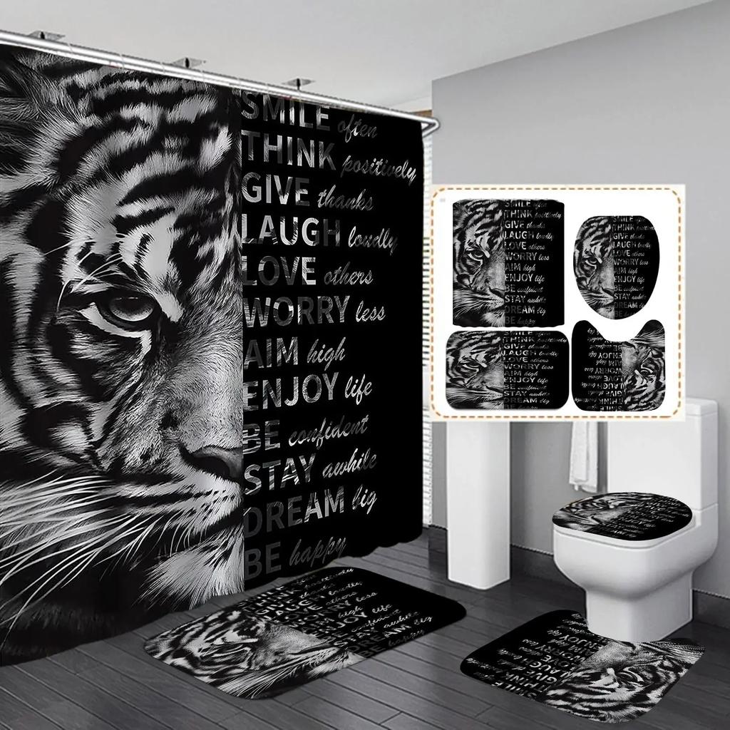 Black Tiger Animals Printed Shower Curtain Set Bathroom Bathing Screen Anti-Slip Toilet Lid Cover Carpet Rugs Kitchen Home Decor