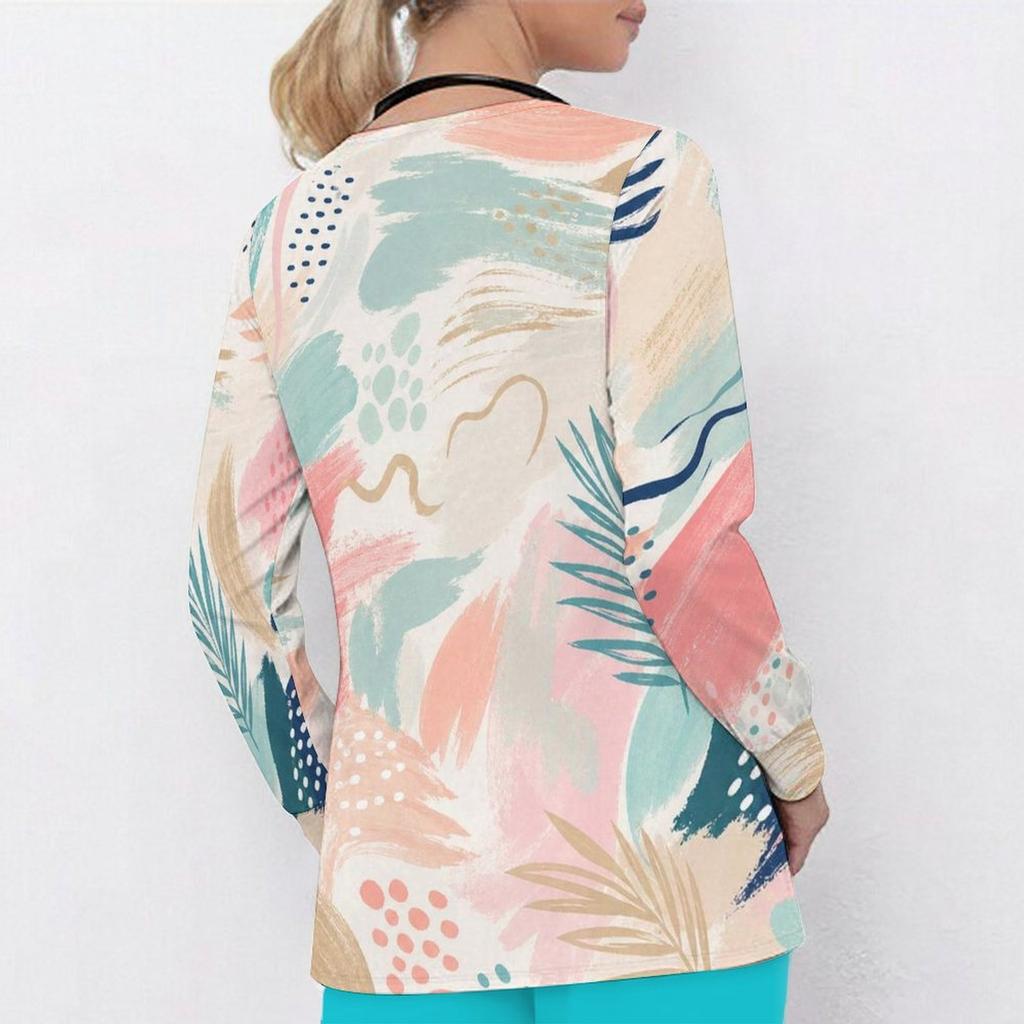 Women Plus Size Geometric Printed Nurse Scrub Top V Neck Long Sleeve With Front Pockets