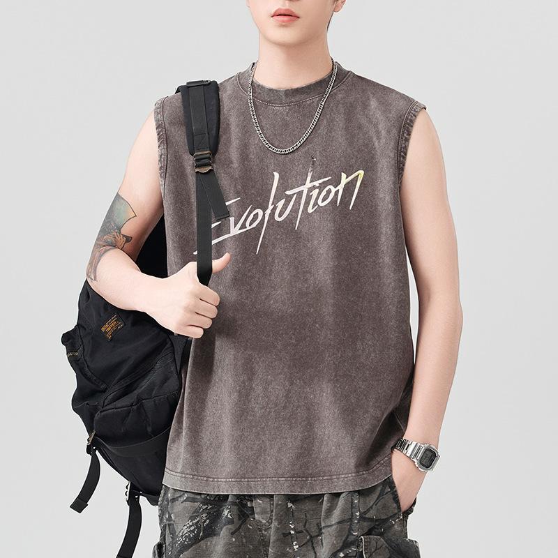 New 230g Heavy Pure Cotton Wash Vest Men's Print Solid Color Wide Shoulder Sleeveless Sports Shoulder