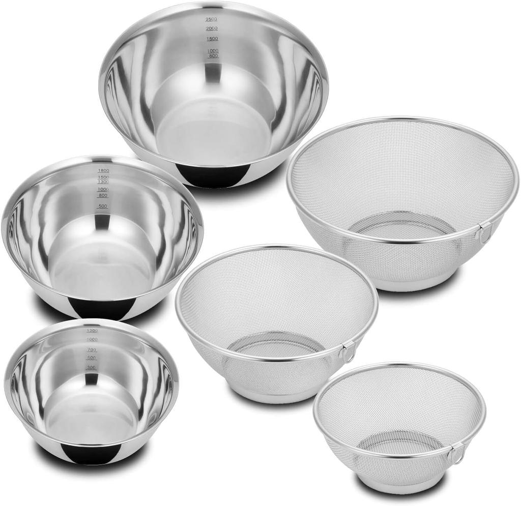 Kai Corporation Stainless Steel Bowl and Mesh Colander Ideal for and Stackable Integrated Type 6-Piece Set, Single-Person Cookware, 18cm, 21cm, 24cm,