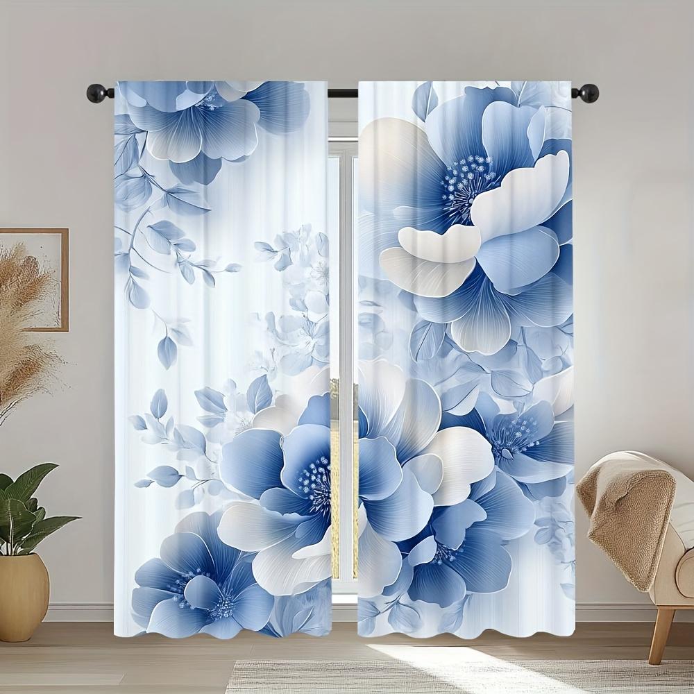 2 Panels Blue and White Floral Print Door Curtains - Polyester Fabric for Living Room, Kitchen, Office, Bedroom