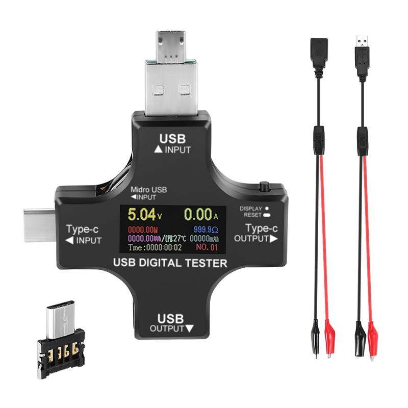 USB C Tester,2 In 1 Type C USB Tester Color Screen IPS Digital Multimeter,Voltage,Current,Power,Resistance,Temperature,with Clip