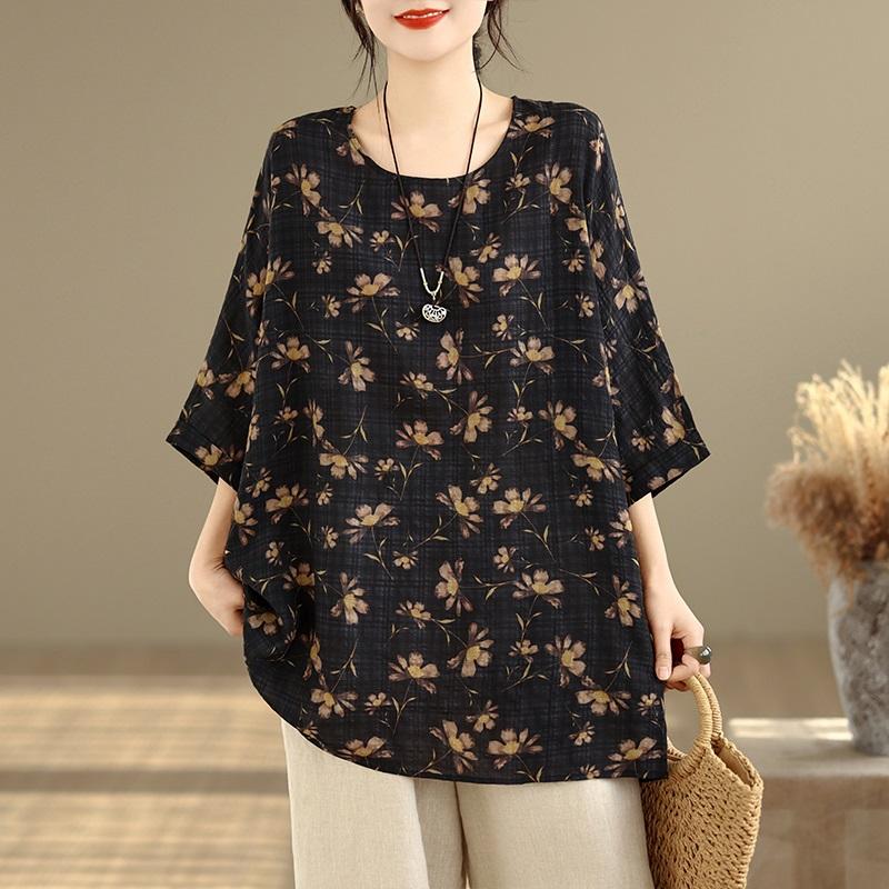 Mânecă scurtă Oversized vintage Floral Casual Tricou largi Topuri Tricou de vară pentru femei
