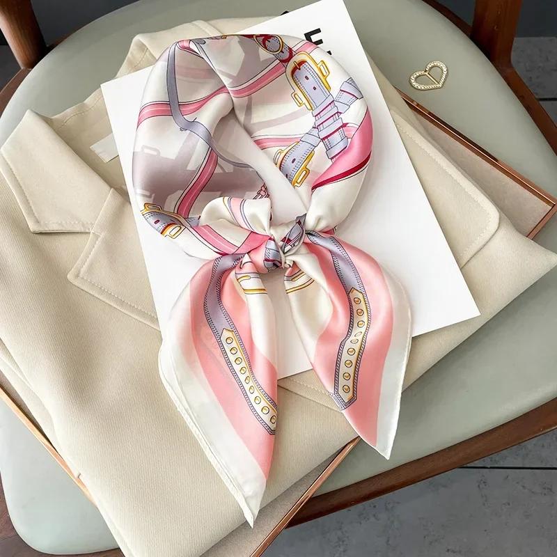 Luxury Design Skinny Square Scarf Women Chain Print Foulard Neckerchief Lady Soft Satin Hairband Head Hijab Bag Ribbon Gift