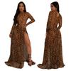 Women's Sexy Leopard Print Long Sleeve Split Dress