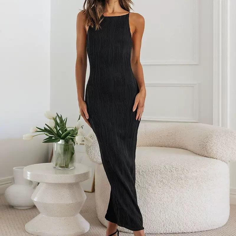 LYRIA Sexy Damen Langes Kleid Gerafft Ärmellos Slim Einfarbig Sommer Party Kleid mit Rückenschlitz Clubwear Weiblich Vestido Outfits