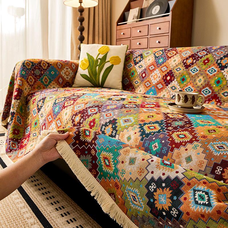 American Style Cotton Linen Jacquard Sofa Cover One Piece Cat Scratch Resistant All Season Universal Throw Blanket