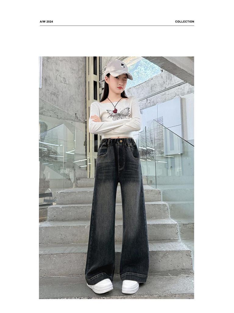 Herbst 2025 Mädchen Modische Bestickte Weitbeinjeans für Große Kinder