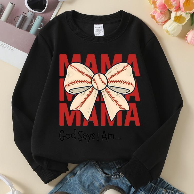 Kids Crewneck Long Sleeve Sweatshirt,Mama Baseball Bow Print 110