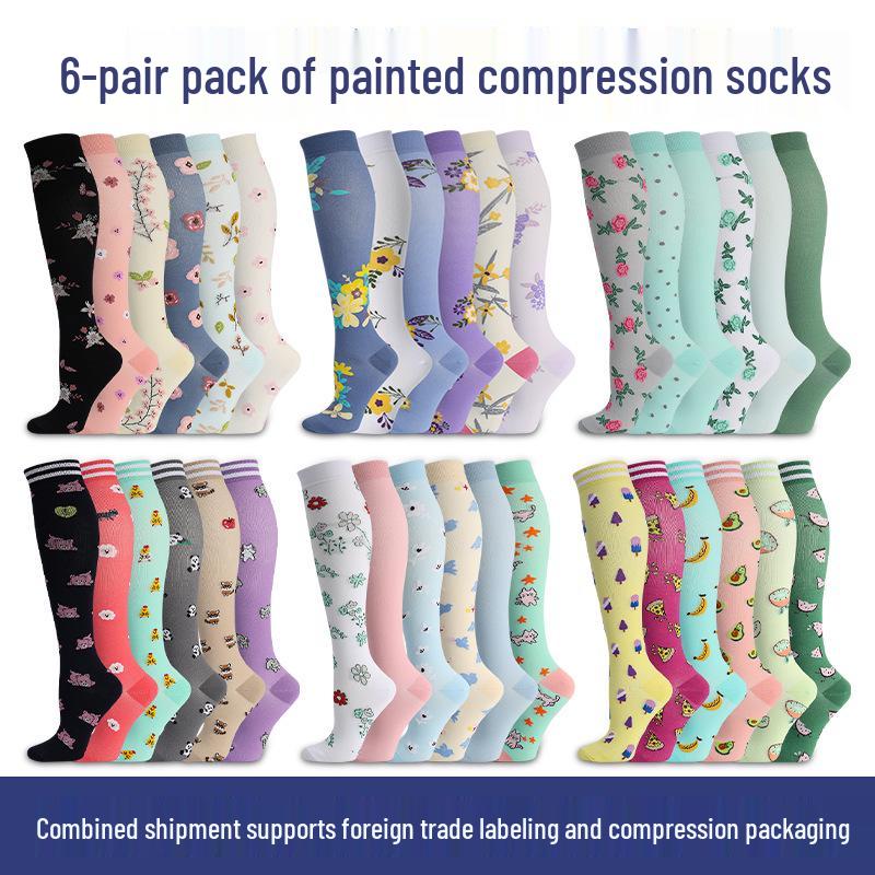 6 Paare Kombi: Gemusterte Kompressionssocken zum Laufen, für Yoga und Sport - Schweißabsorbierend, atmungsaktiv, schnelltrocknend, Wadenstrümpfe für den Herbst