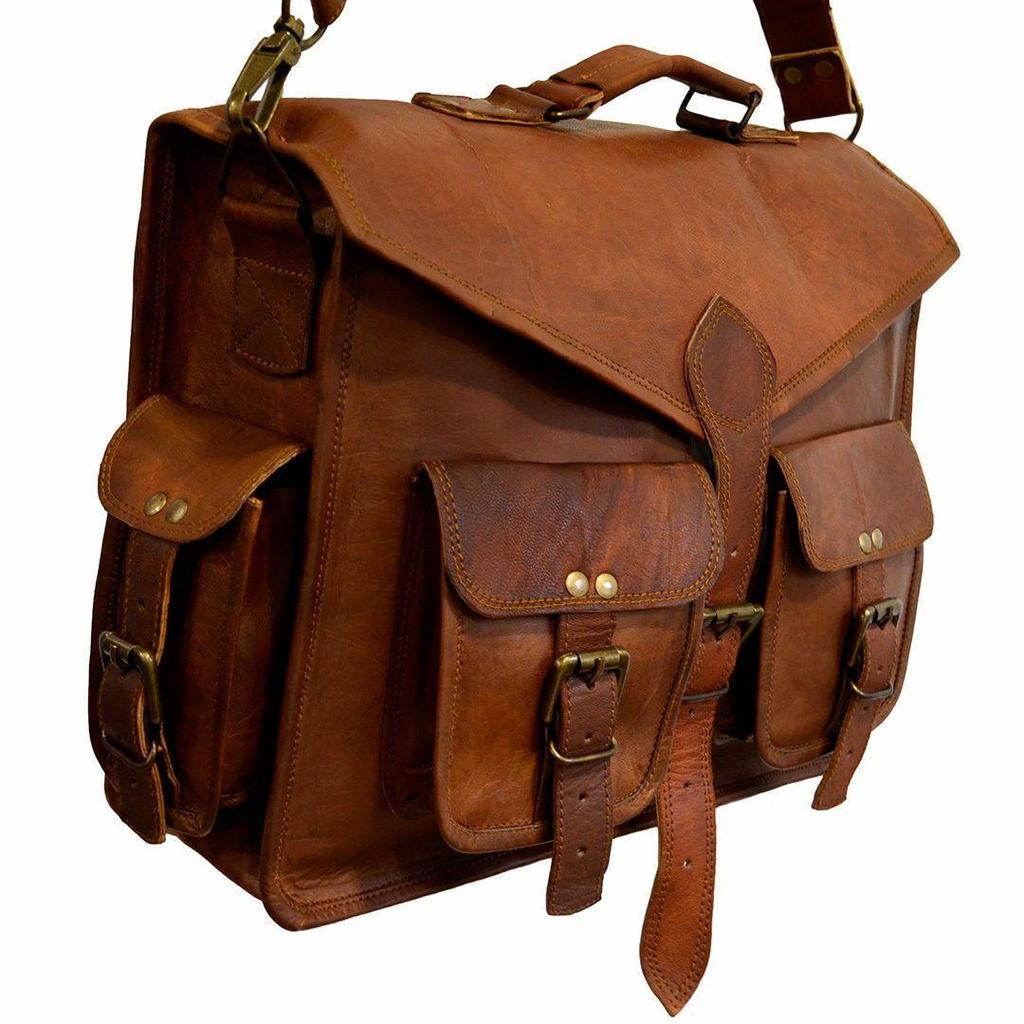 15" Vintage Goat Leather Messenger Bag Shoulder Laptop Briefcase Hand Bag