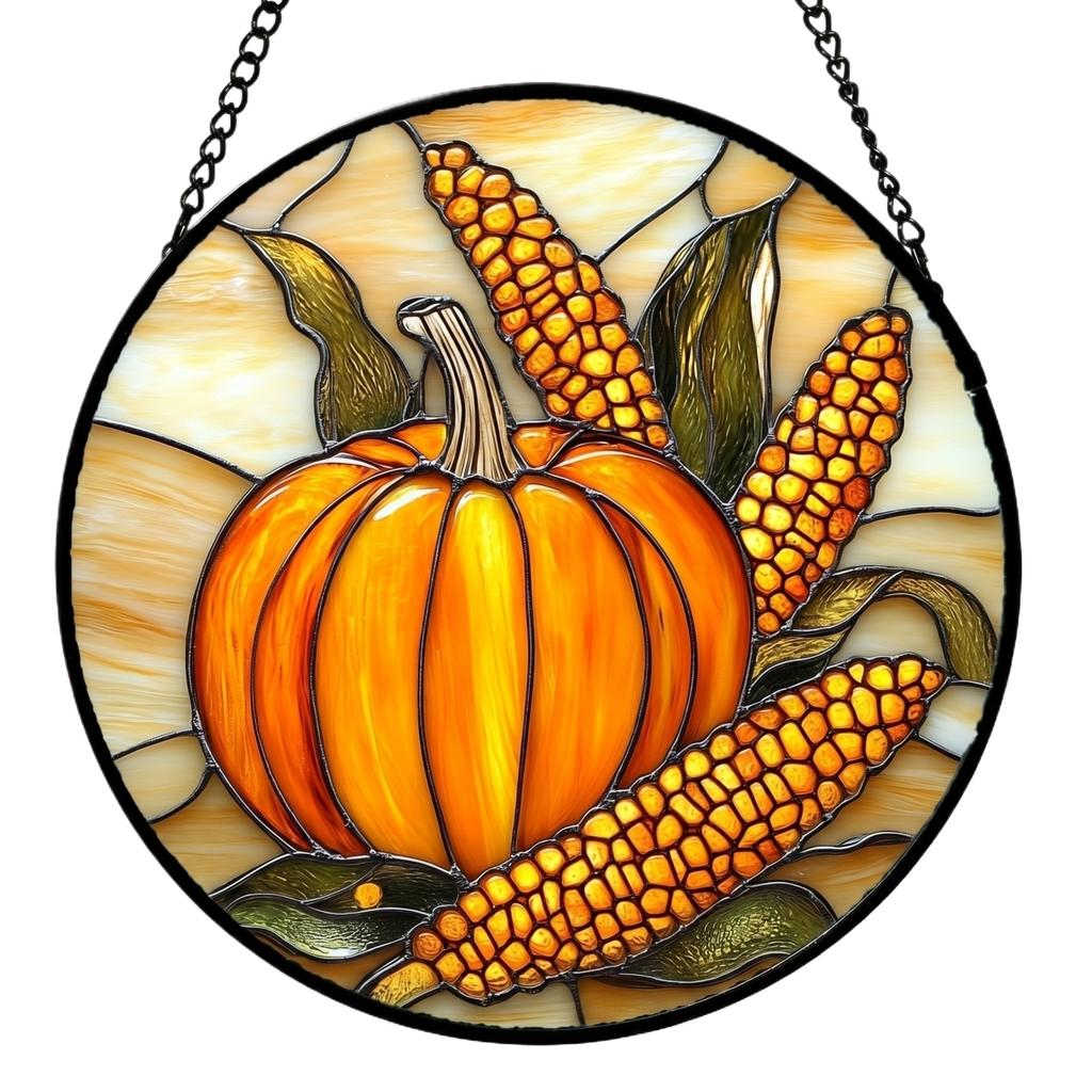 Round Stained Glass Hanging Ornament with Pumpkin and Corn Design for Window Decoration Indoor Outdoor Use