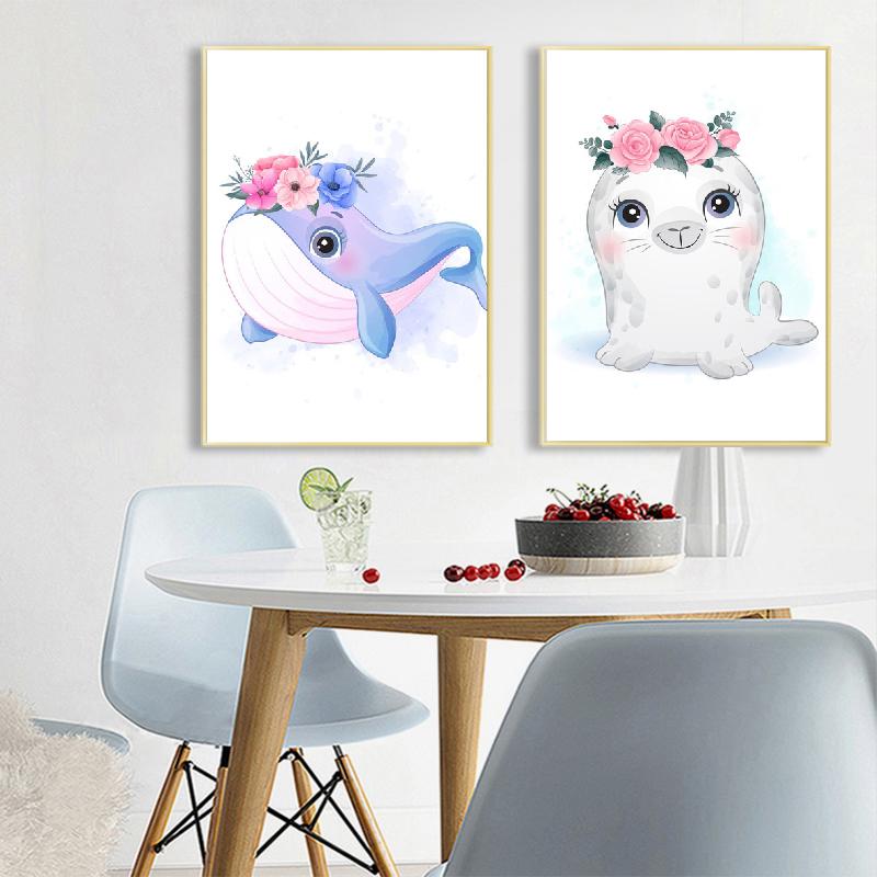 Koala Panda Waschbär Pinguin Wal Krake Robbe Nordic Poster und Drucke Wand Kunst Leinwand Malerei Wand Bilder Kinderzimmer Dekor