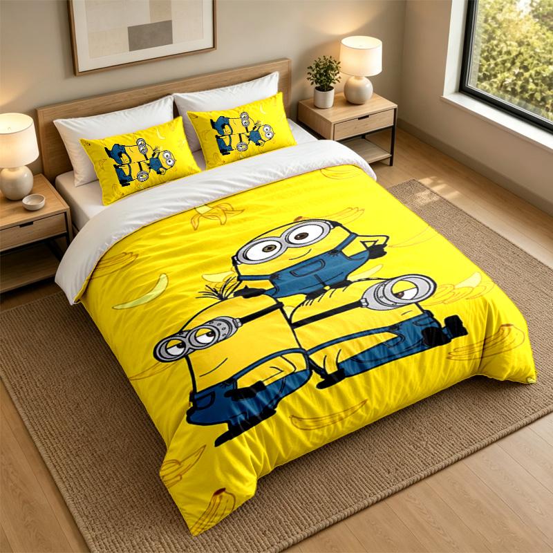 Soft Bedding Set Minions Pattern, 1 Duvet Cover plus 2 Pillowcases Stylish Bedroom Home Textile