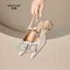 Light luxury wind back empty sandals for women with rhinestone square buckle, pointed toe, low heel, Mary Jane straight strap sandals