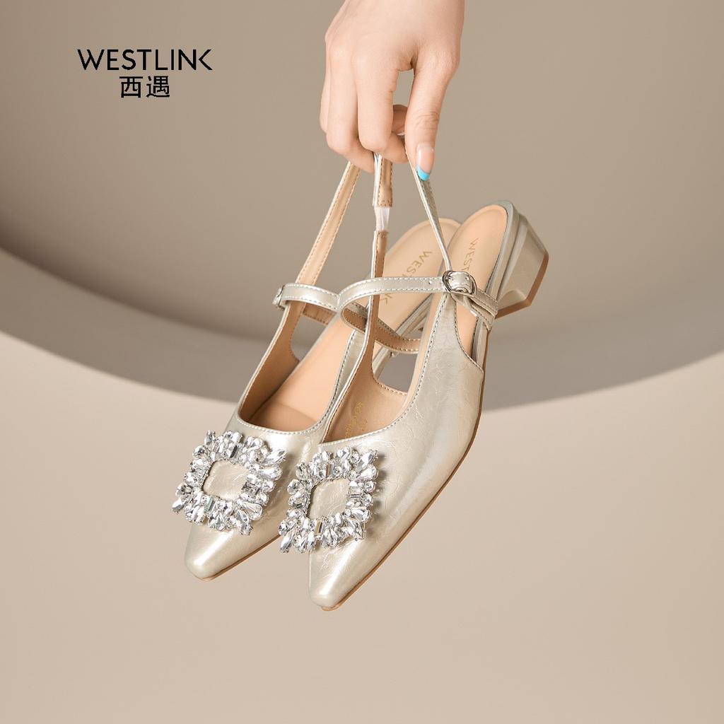Light luxury wind back empty sandals for women with rhinestone square buckle, pointed toe, low heel, Mary Jane straight strap sandals