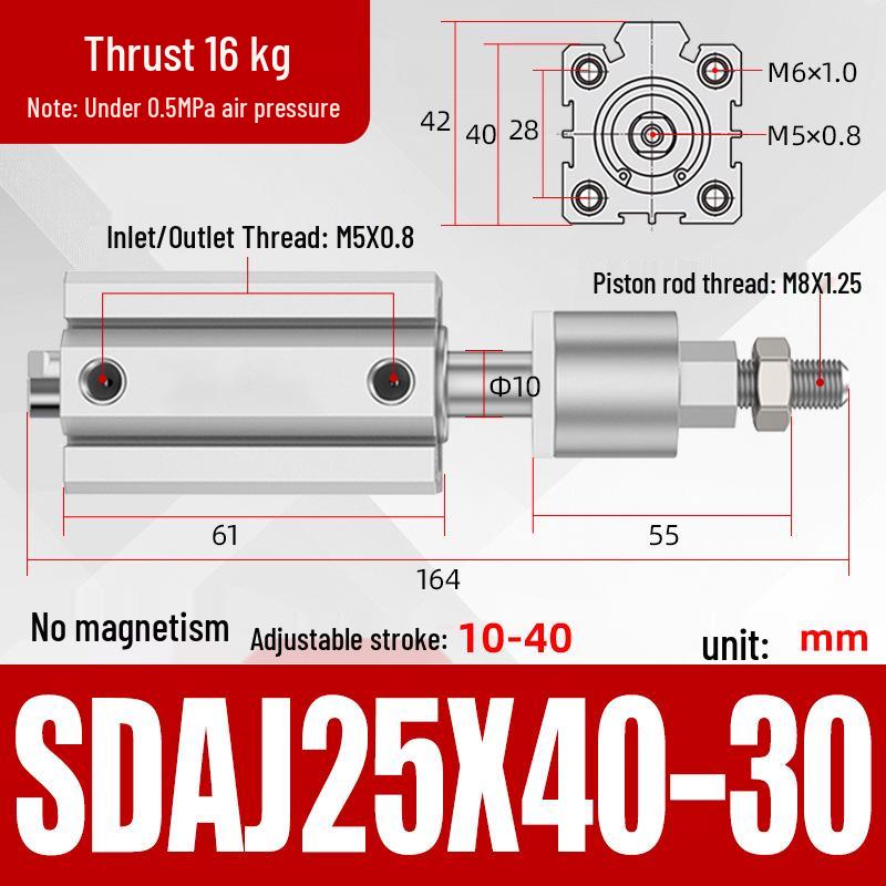 Adjustable Stroke Pneumatic Thin Cylinder - Piston Rod Sizes: 16/20/25/32/40/63