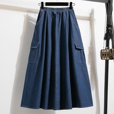 Plus Size Spring Denim Skirts Women Clothing Blue Pockets Fashion A-Line Jeans Skirt High Waist