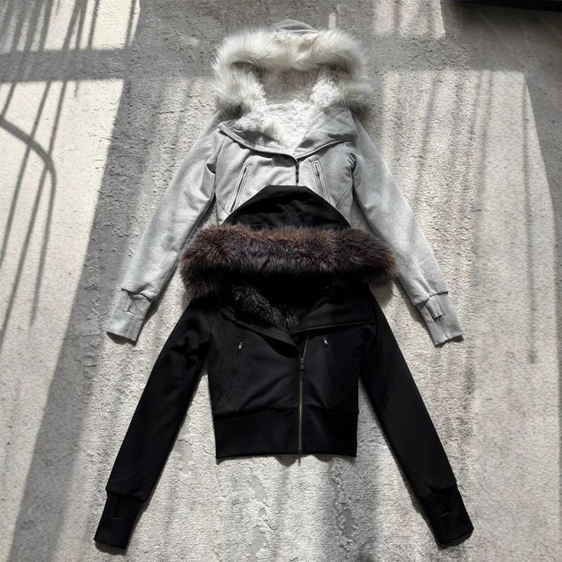 Women Winter Hooded Fleece Lined Slim Zip Up Short Coat Y2K Plush Collar Outerwear
