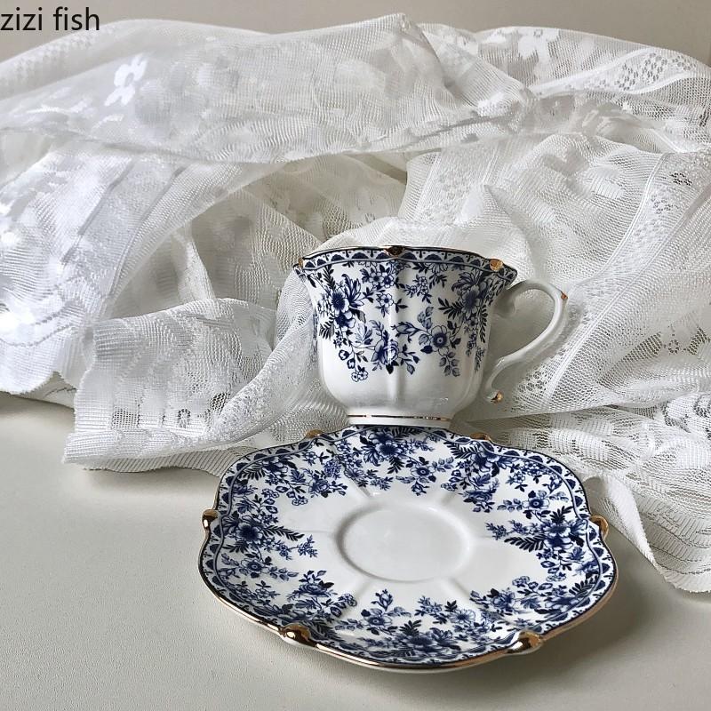 

Vintage Blue and White Ceramic Coffee Cups and Plates Water Cup Breakfast Cup Afternoon Tea Flower Tea Cups Milk Mug Coffee Mug 201-300ml