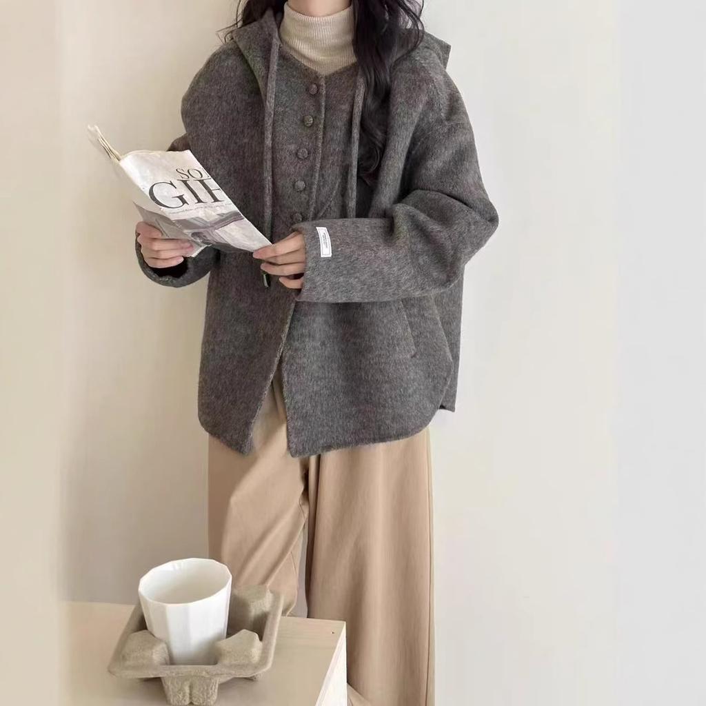 Stahovací šňůrka s kapucí, jednořadá, s více knoflíky, rukáv, oboustranný vlněný kabát, vlněný kabát pro ženy, aby se zahřály na podzim a v zimě