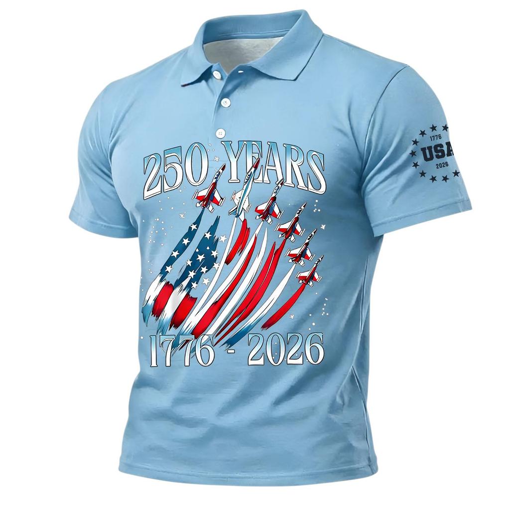 Men's Polo Shirt Short Sleeve 250 Years 1776 2026 Printed USA Flag Aircraft Graphic Casual Top